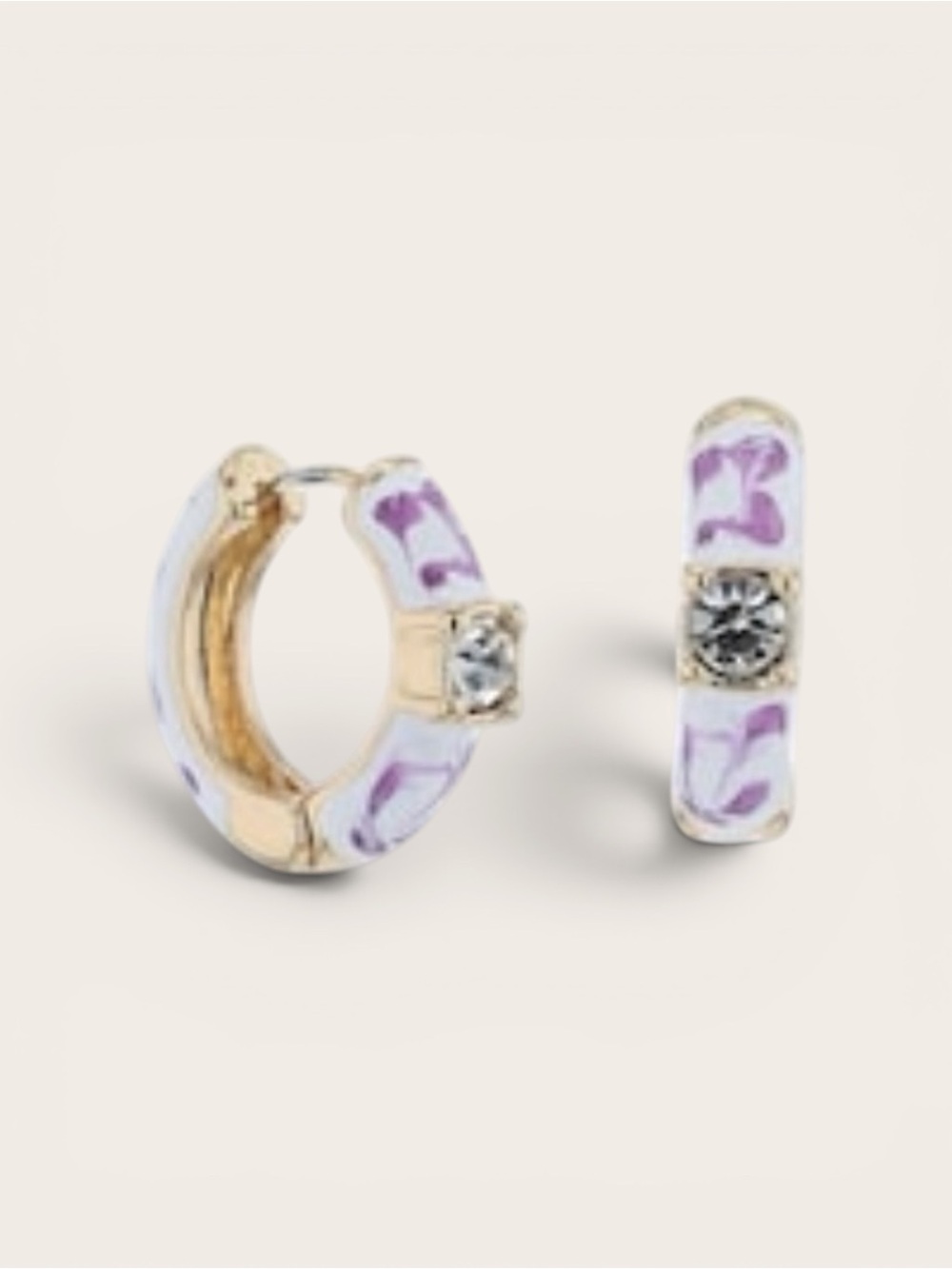 Gold-Tone Lavender Enamel Huggie Hoop Earrings with Clear Crystal Accent
